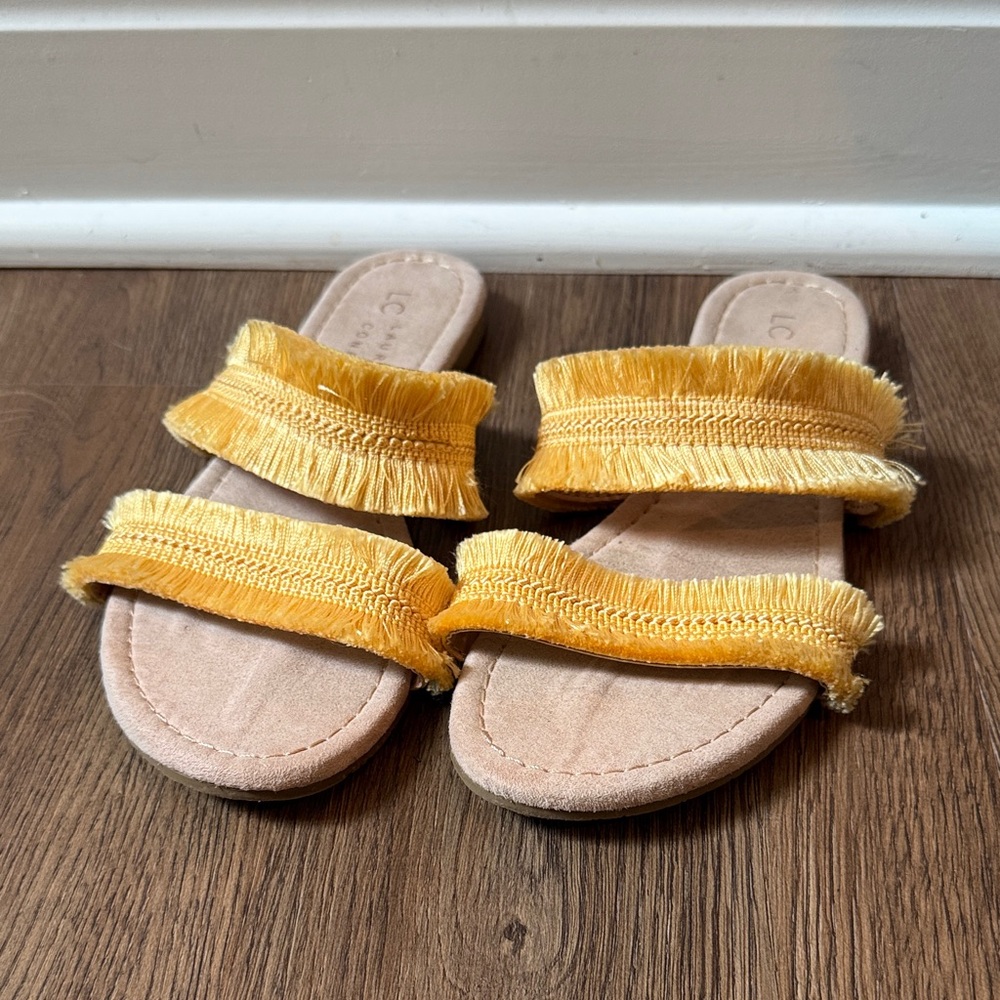 Yellow Fringe Double-Strap Slide Sandals Size Small